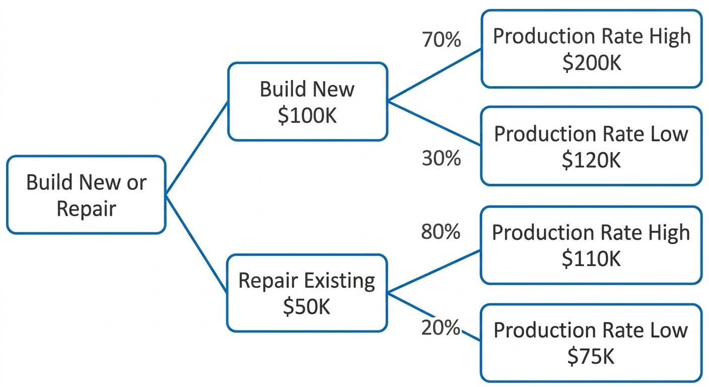 Decision tree example showing branching outcomes with probabilities and expected monetary values calculated for each path.